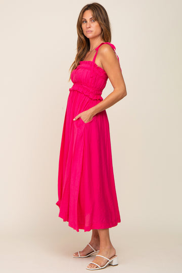 Fuchsia Shirred Shoulder Tie Midi Dress