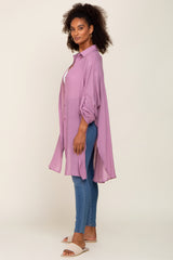 Lilac Button Front Side Slit Oversized Blouse