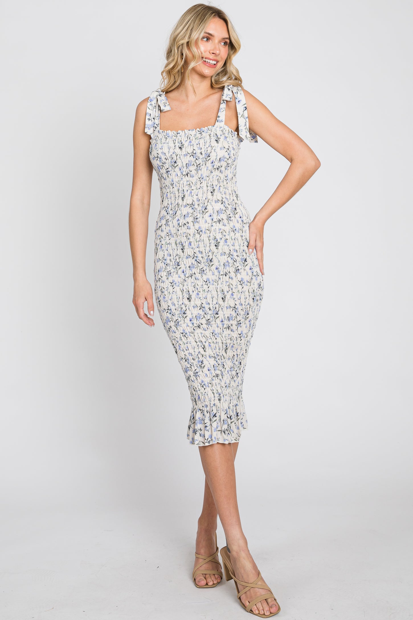 White Floral Smocked Fitted Maternity Dress