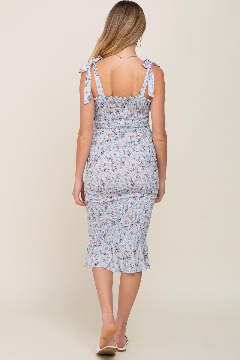 Pinkblush Light Blue Floral Smocked Fitted Maternity Dress Large
