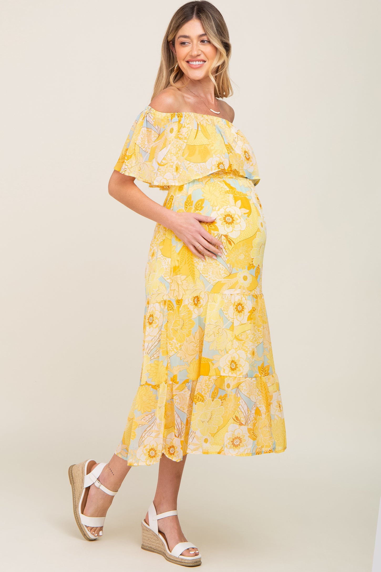 Flouncing Off Yellow Floral Flounce Off Shoulder Maternity Midi Dress – PinkBlush
