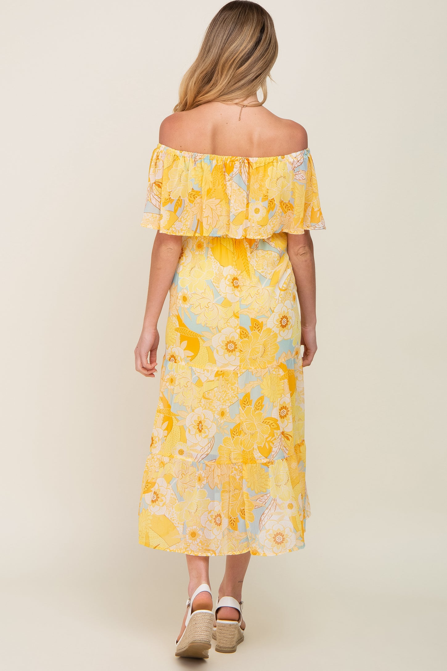 Flouncing Off Yellow Floral Flounce Off Shoulder Maternity Midi Dress – PinkBlush