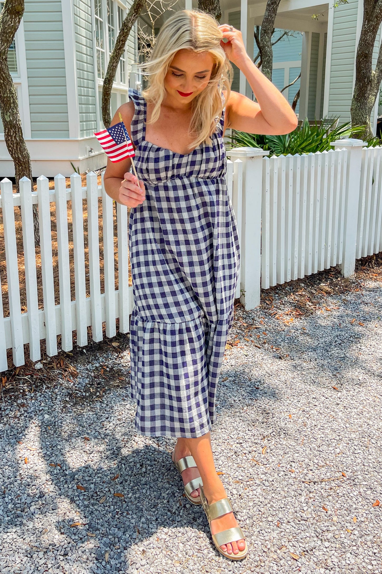 Navy Blue Checkered Linen Sweetheart Neck Ruffle Strap Midi Dress PinkBlush Navy Blue Checkered Linen Sweetheart Neck Ruffle Strap Midi Dress PinkBlush