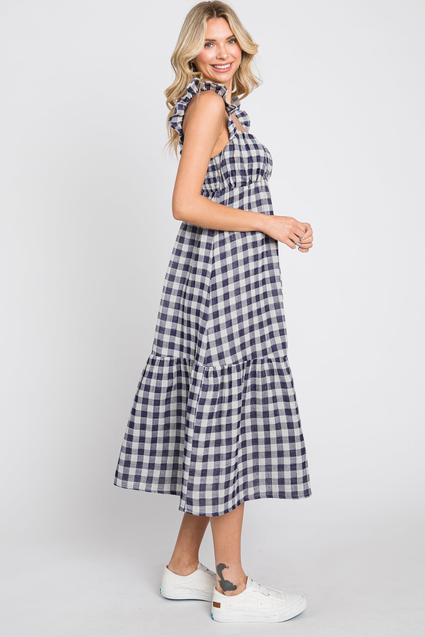 Navy Blue Checkered Linen Sweetheart Neck Ruffle Strap Midi Dress PinkBlush Navy Blue Checkered Linen Sweetheart Neck Ruffle Strap Midi Dress PinkBlush