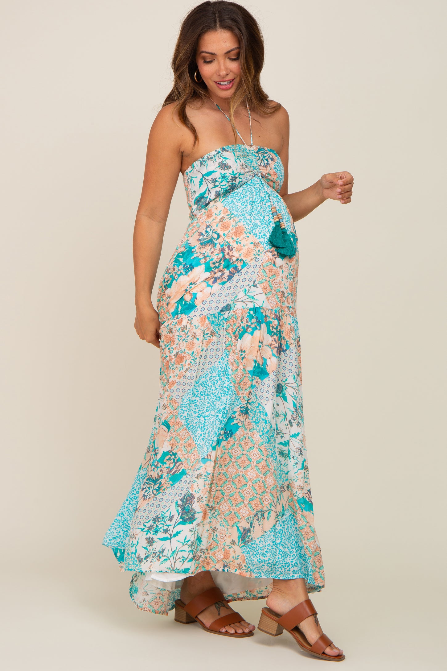 Jade Floral Halter Front Tie Maternity Maxi Dress Jade Floral Halter Front Tie Maternity Maxi Dress