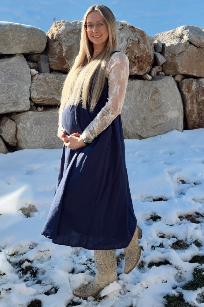 Navy Blue Linen Square Neck Lace-Up Back Maternity Midi Dress PinkBlush Navy Blue Linen Square Neck Lace-Up Back Maternity Midi Dress PinkBlush
