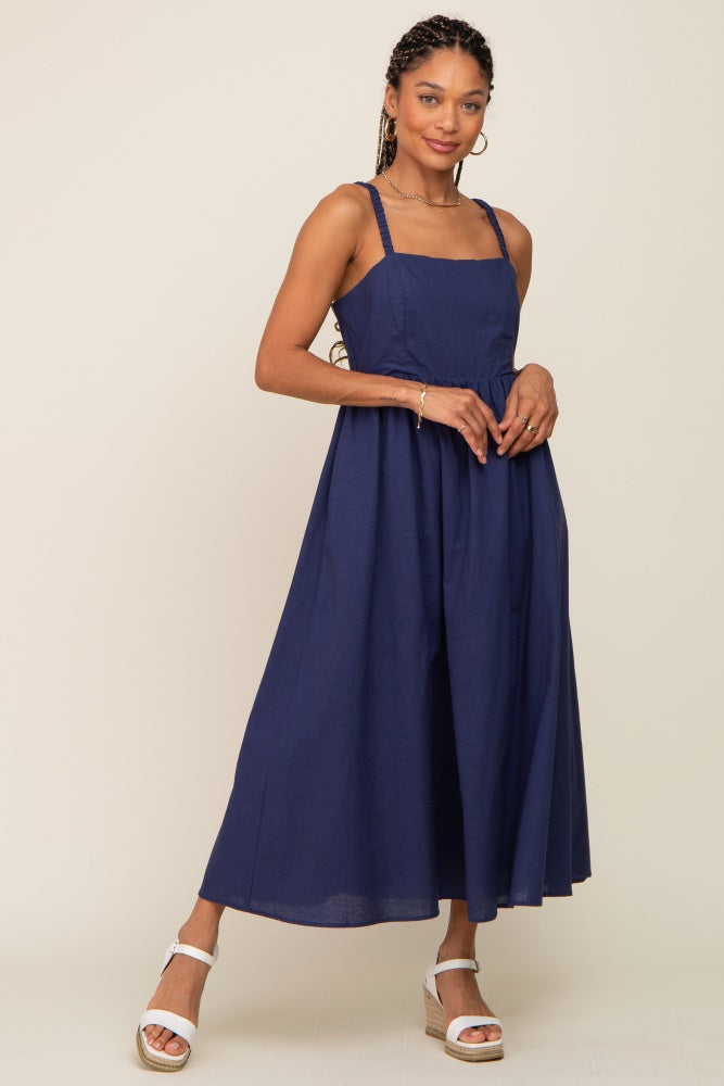 Navy Blue Linen Square Neck Lace-Up Back Midi Dress Navy Blue Linen Square Neck Lace-Up Back Midi Dress