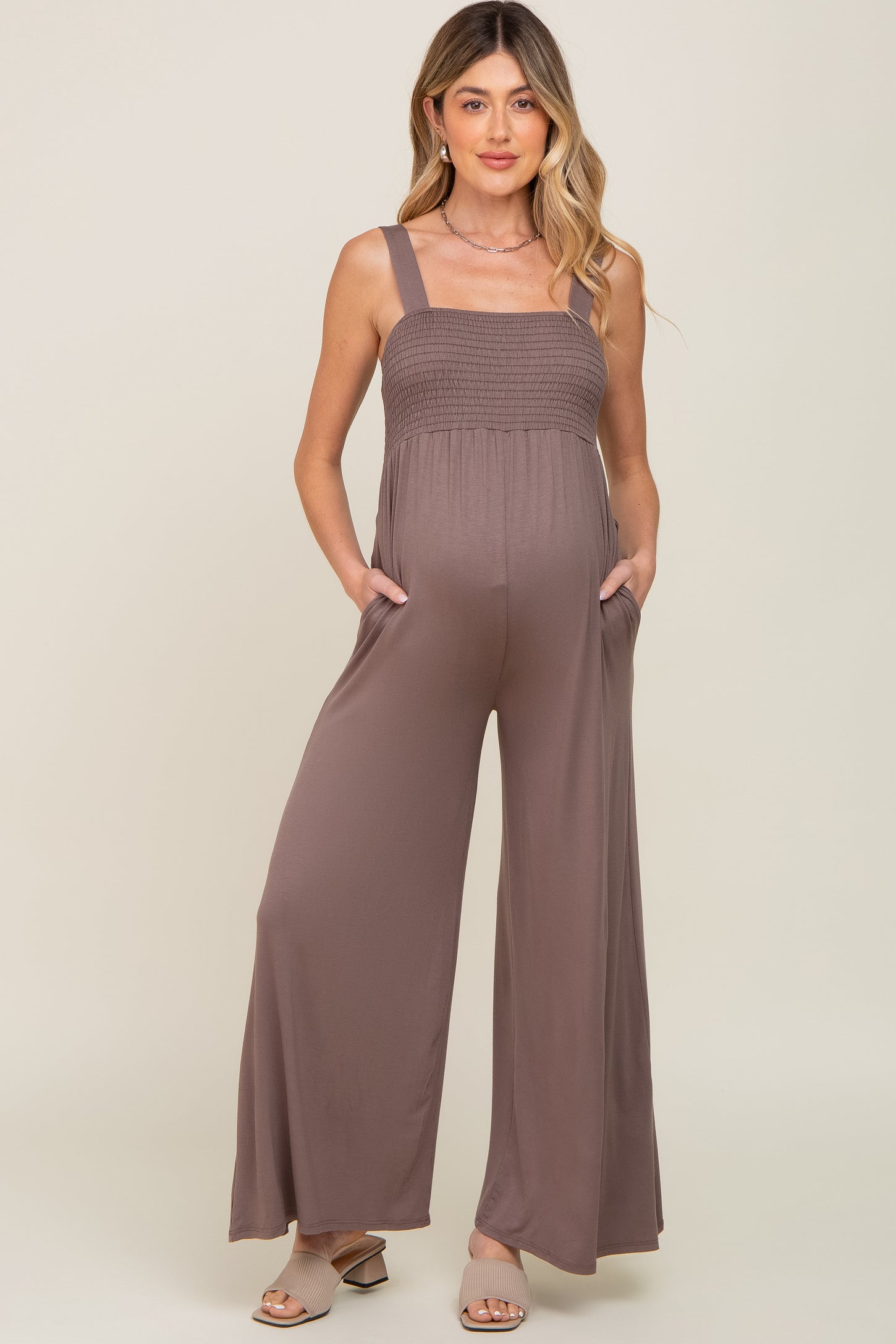 Brown Sleeveless Wide Leg Maternity Jumpsuit