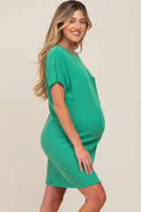 Green Ribbed Front Pocket Dolman Short Sleeve Maternity Dress