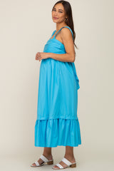 Aqua Pleated Back Tie Maternity Midi Dress