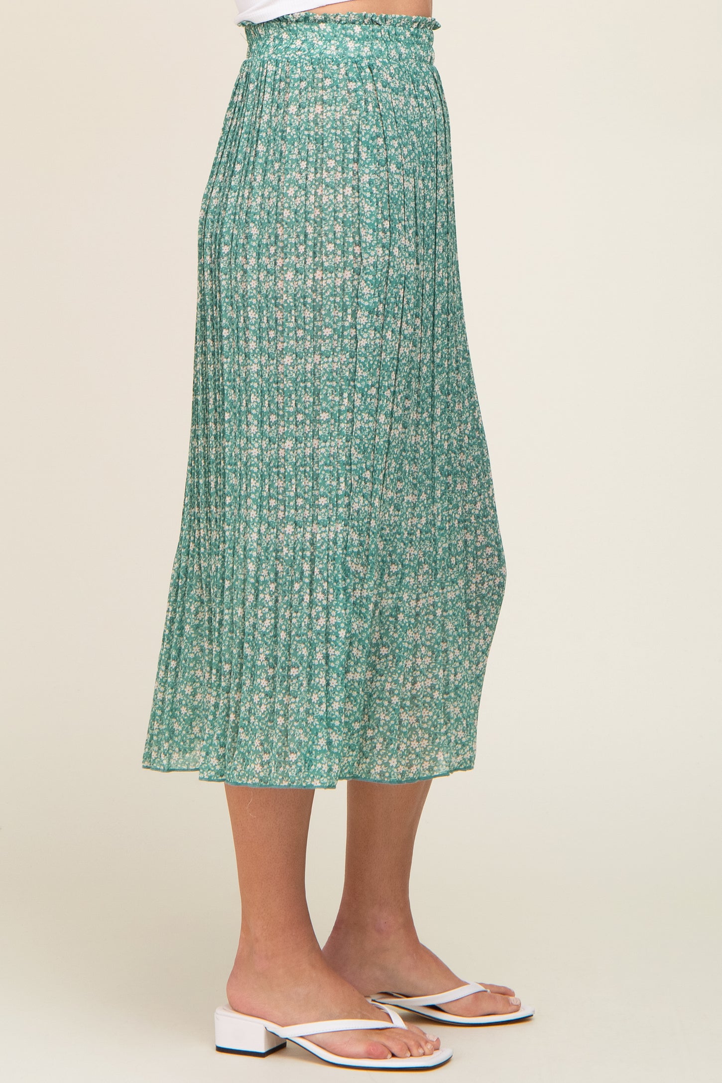 Green Floral Pleated Midi Skirt