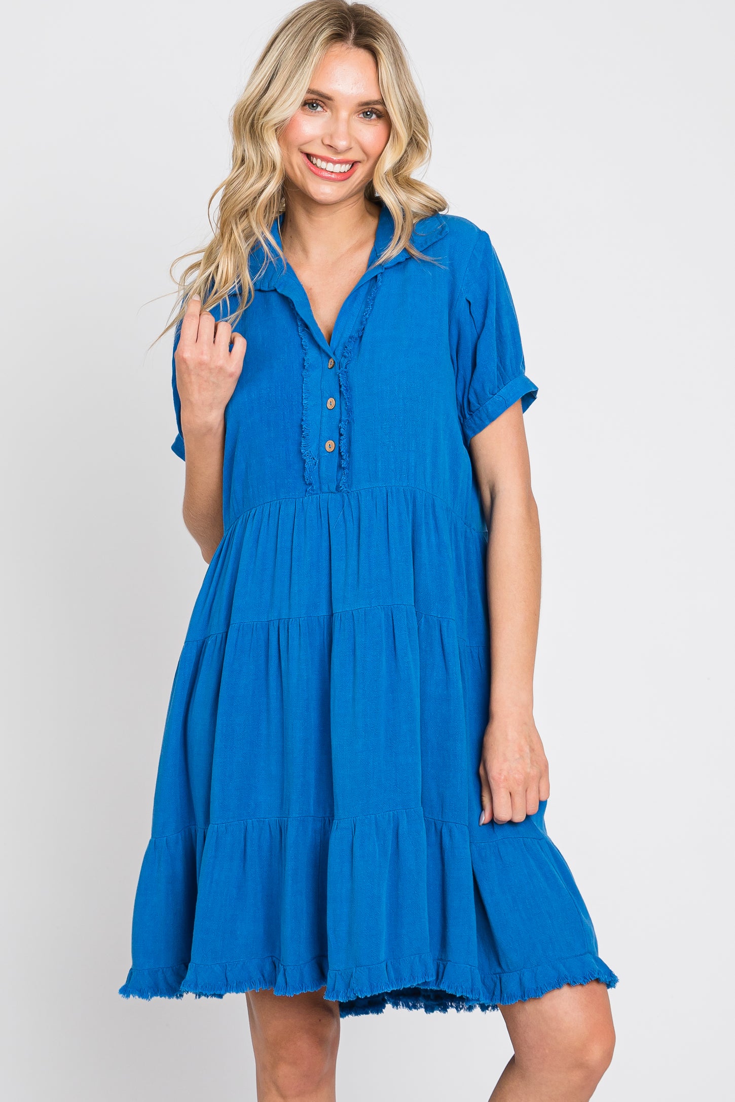Royal Blue Tiered Collared Linen Maternity Dress PinkBlush Royal Blue Tiered Collared Linen Maternity Dress PinkBlush