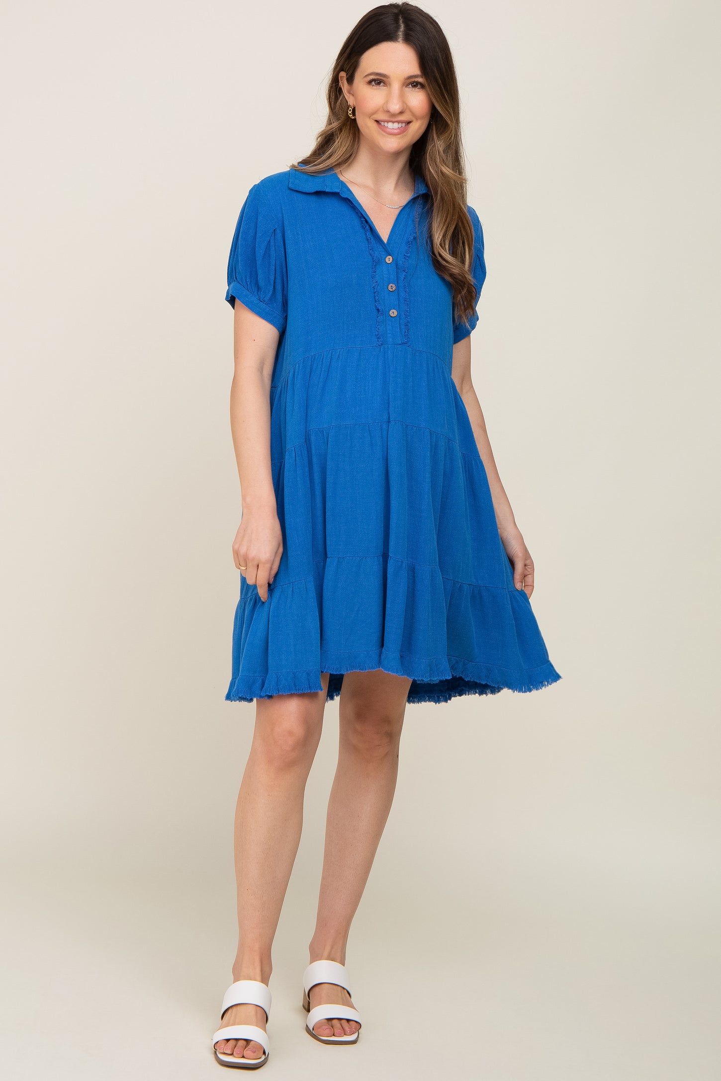 Royal Blue Tiered Collared Linen Maternity Dress PinkBlush Royal Blue Tiered Collared Linen Maternity Dress PinkBlush