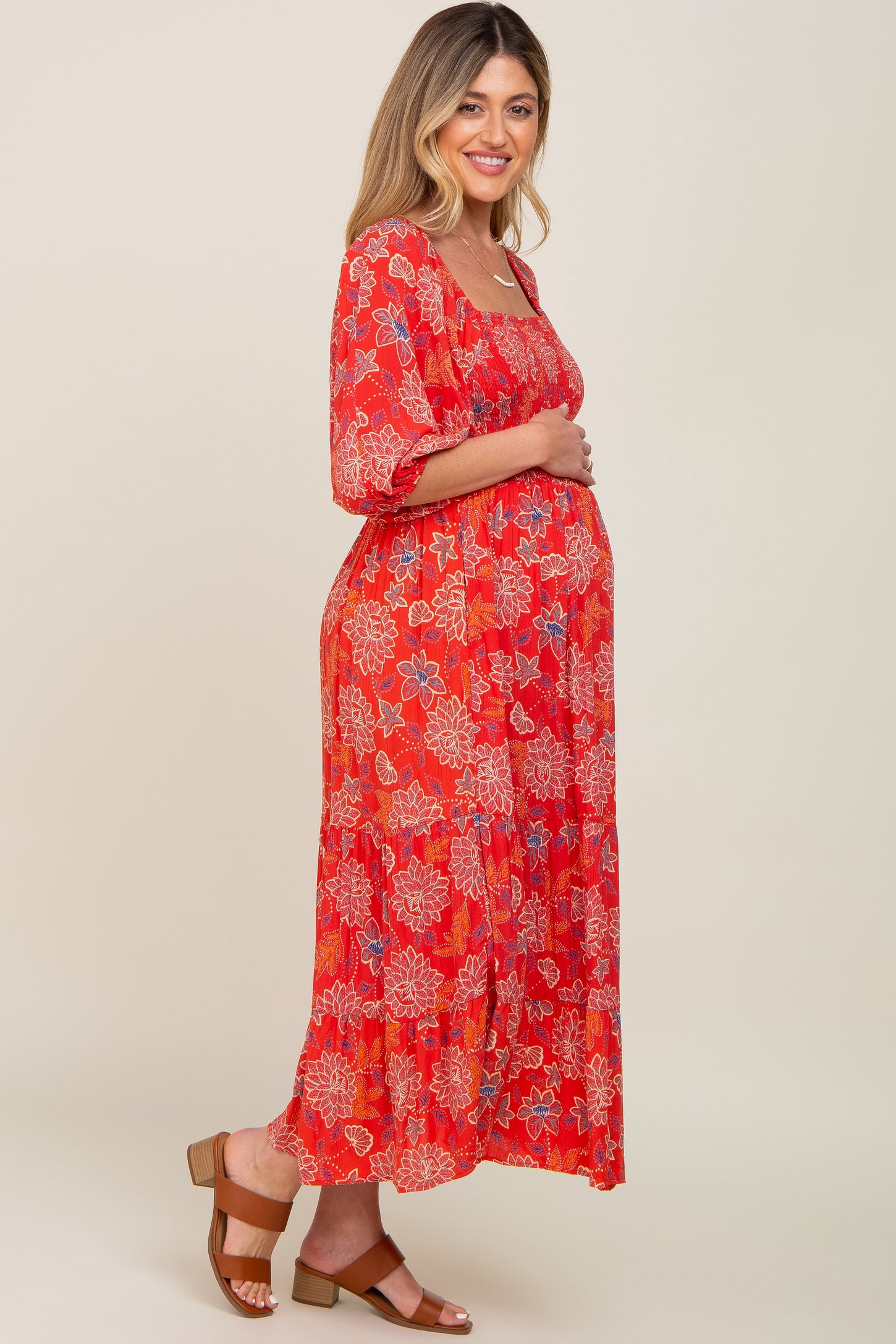 Red Floral Smocked Square Neck Tiered Maternity Midi Dress Red Floral Smocked Square Neck Tiered Maternity Midi Dress
