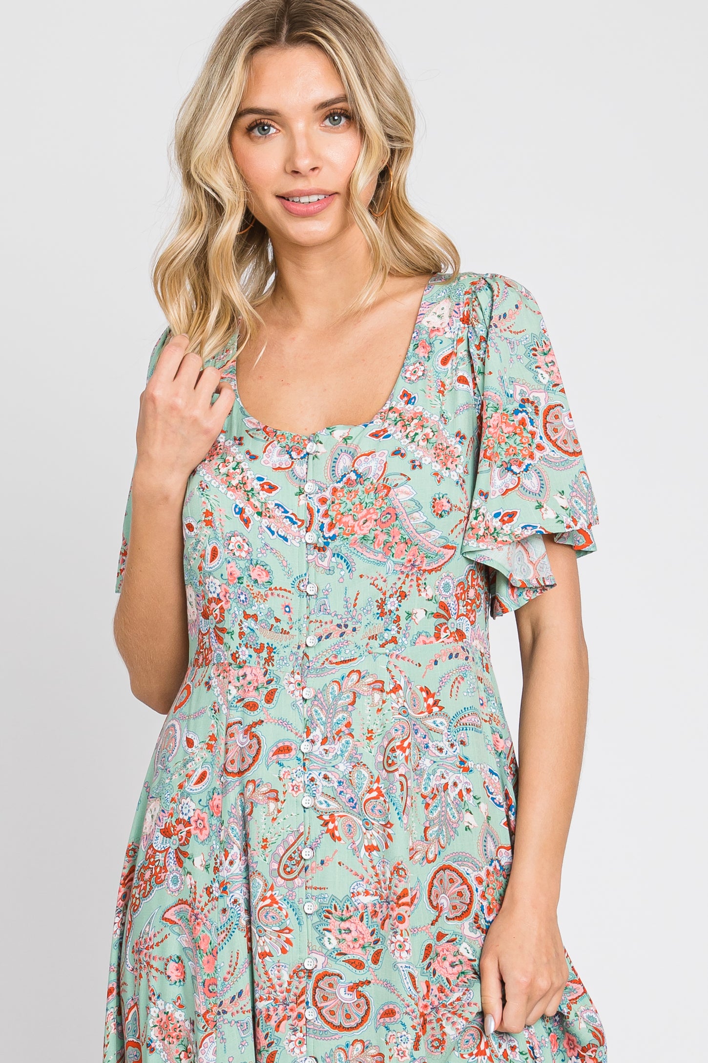 Mint Green Floral Button Front Short Flutter Sleeve Maxi Dress PinkBlush Mint Green Floral Button Front Short Flutter Sleeve Maxi Dress PinkBlush