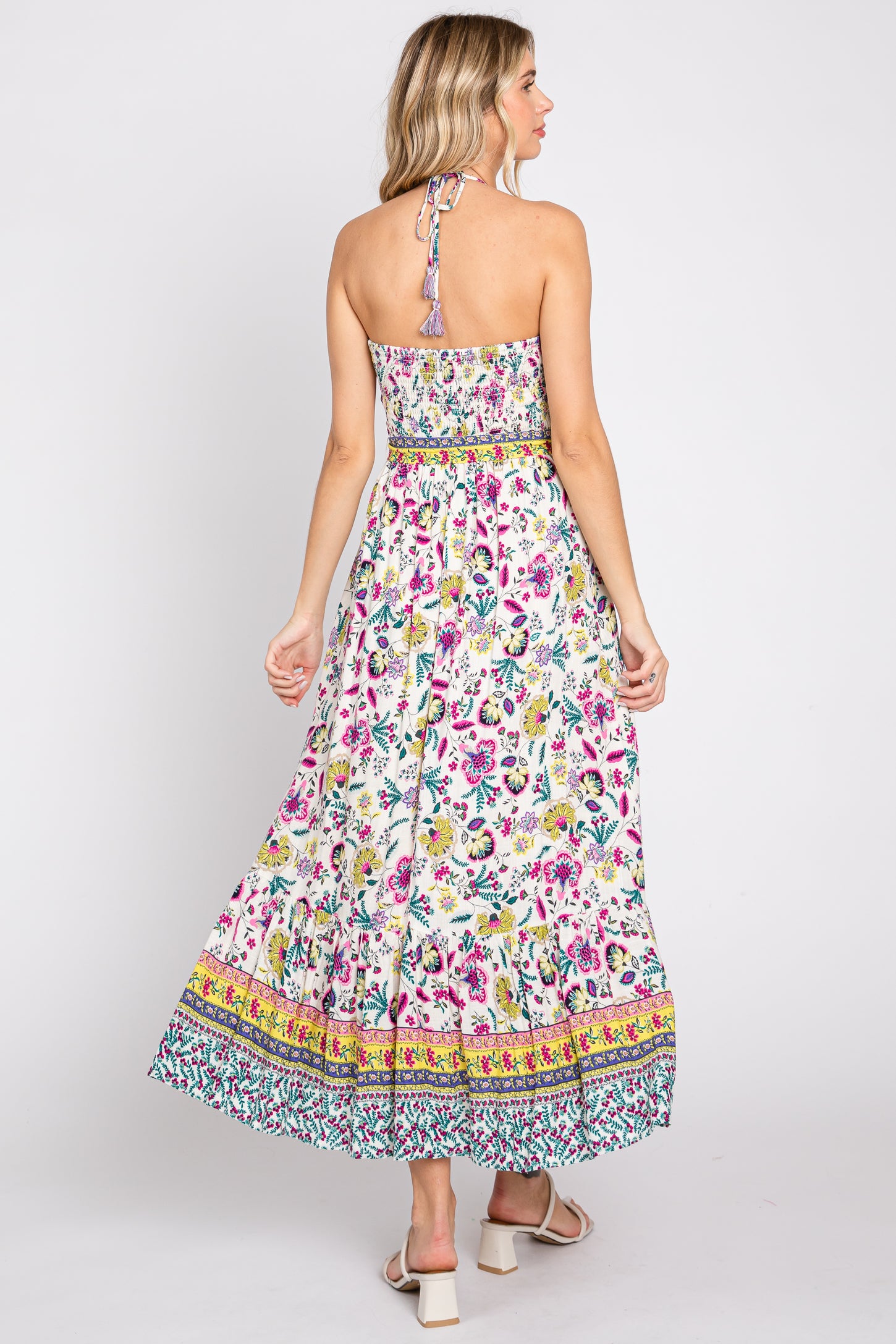 Multicolor Floral Halter Waist Tie Midi Dress PinkBlush Multicolor Floral Halter Waist Tie Midi Dress PinkBlush