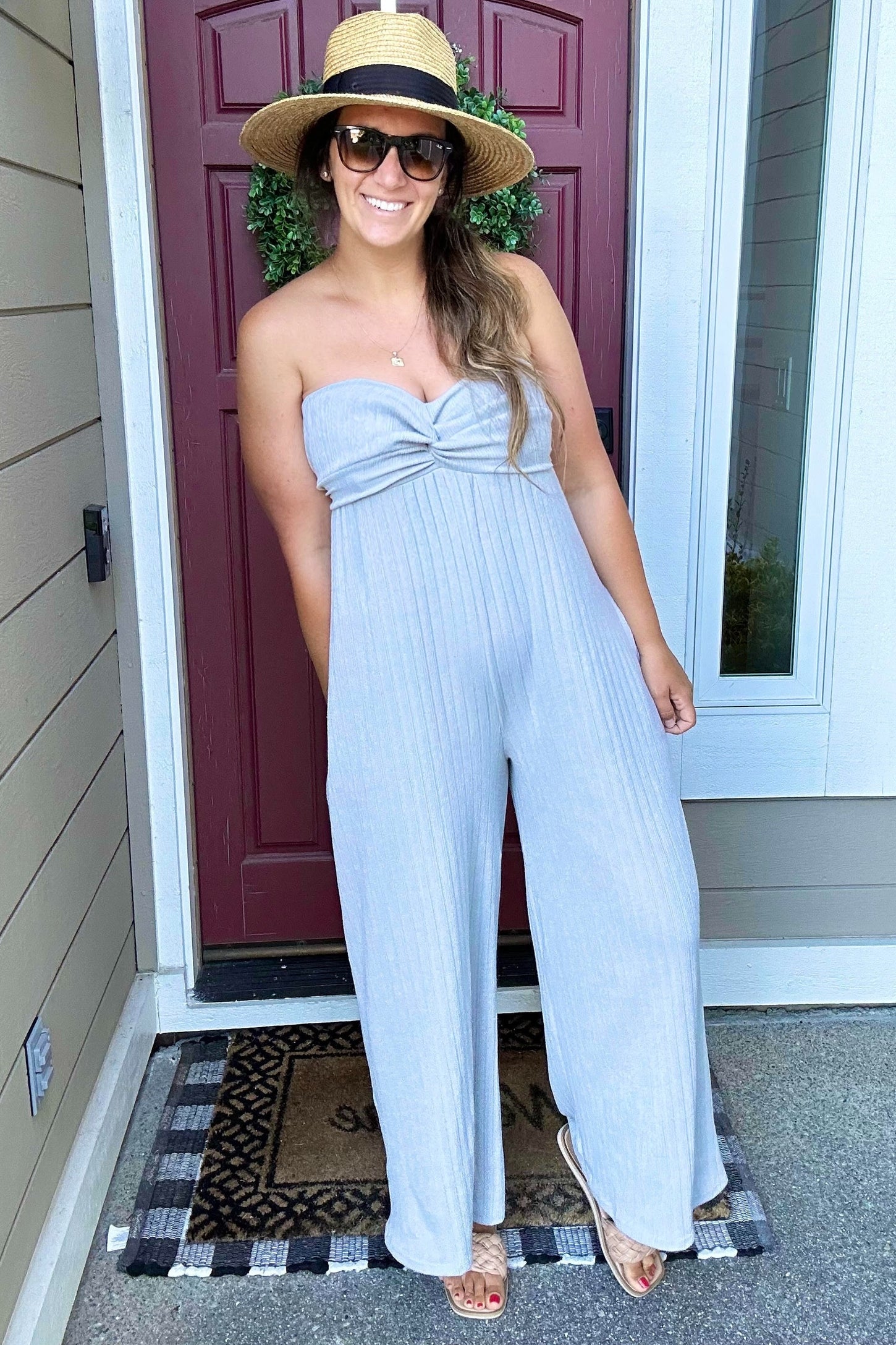 Grey Strapless Front Twist Maternity Jumpsuit