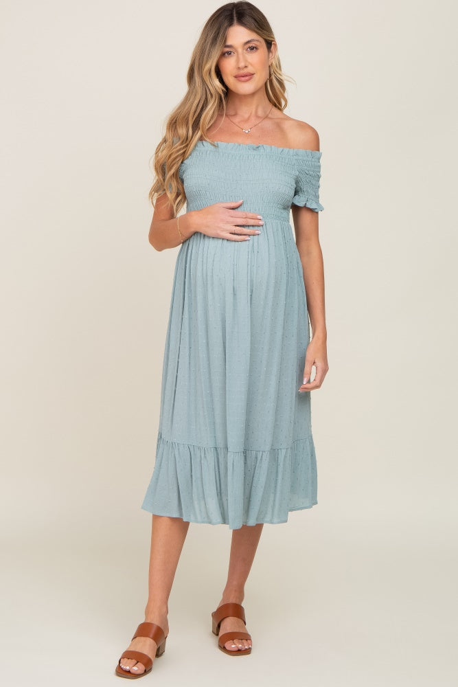 off the shoulder smocked midi dress Smocked Off-The-Shoulder Midi Dress