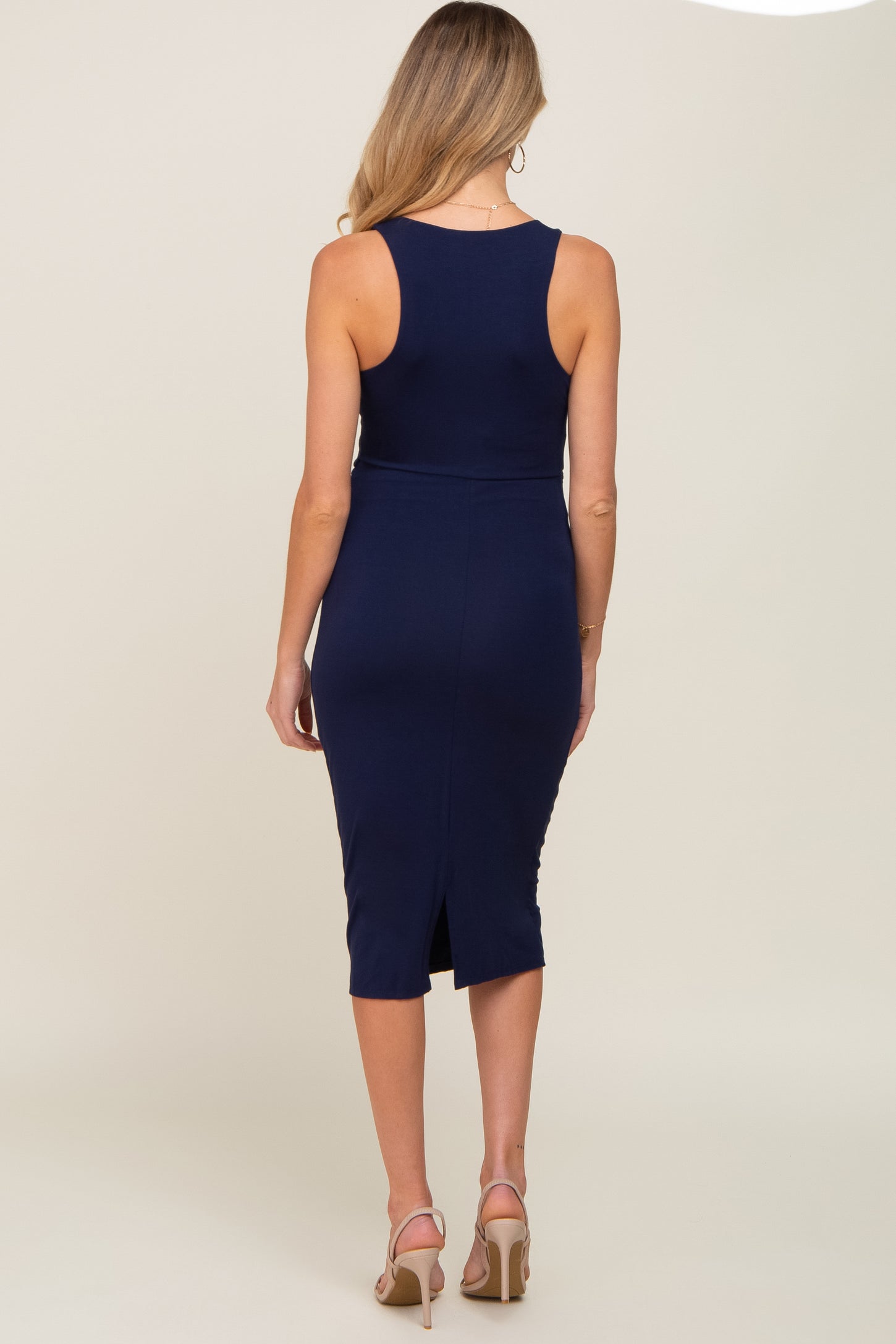 Navy Sleeveless Fitted Ruched Maternity Dress Medium