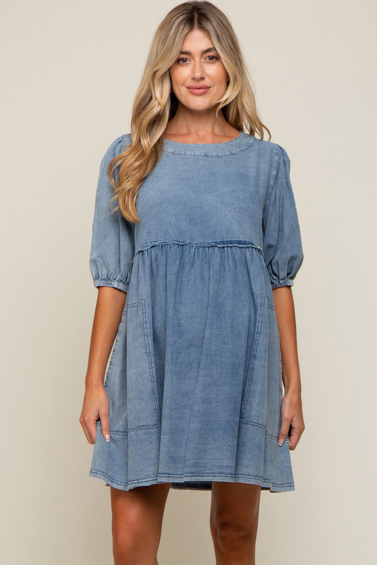 Blue Faded Denim Chambray Maternity Mini Dress Blue Faded Denim Chambray Maternity Mini Dress
