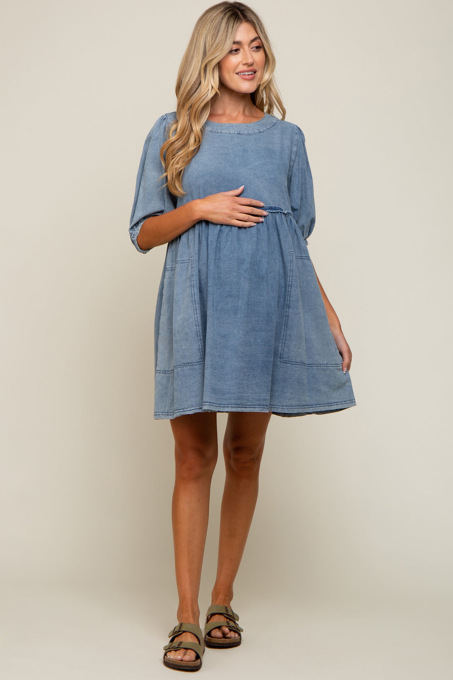 chambray dress Blue Faded Denim Chambray Maternity Mini Dress