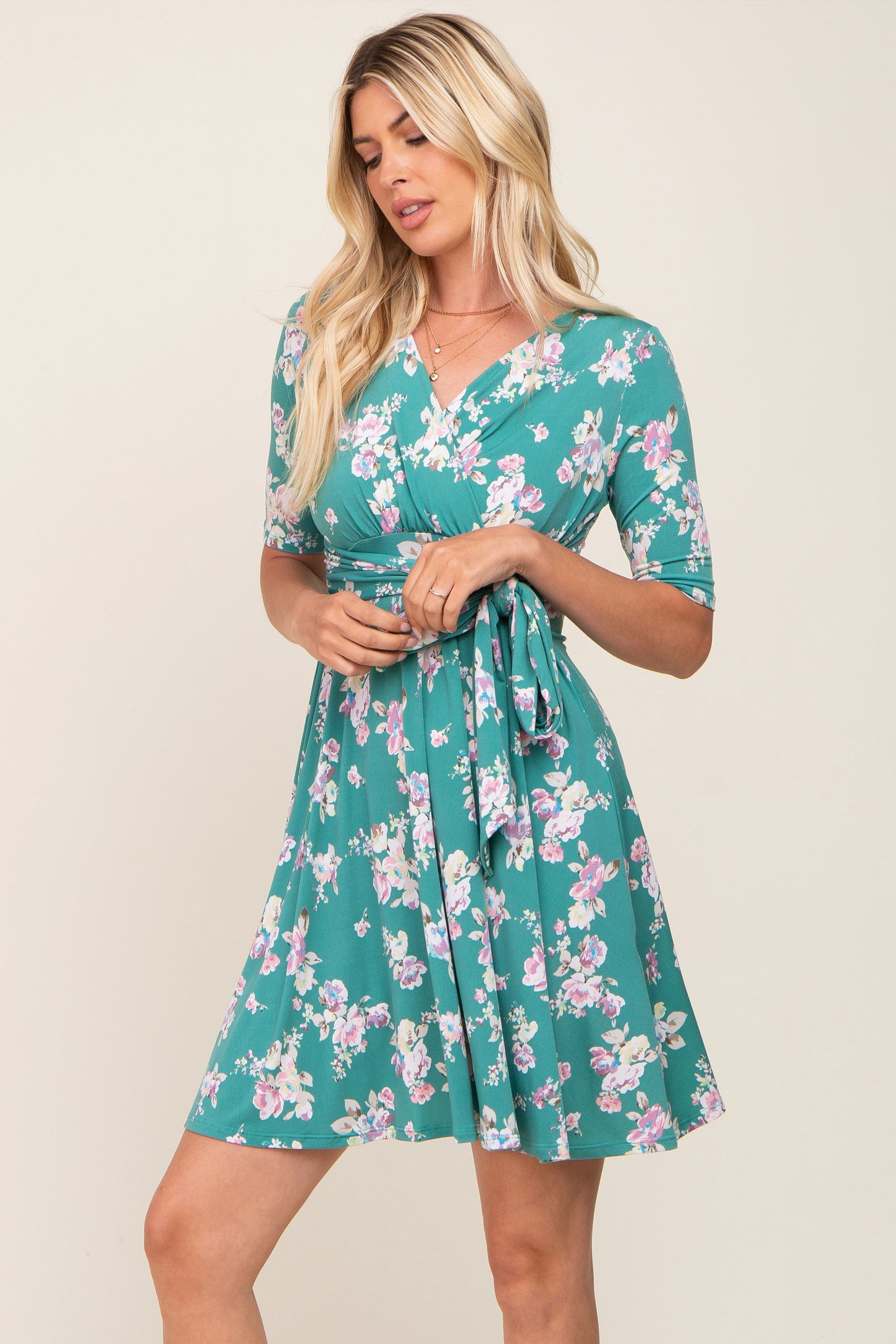 Jade Floral Wrap Front V-Neck Short Sleeve Dress PinkBlush Jade Floral Wrap Front V-Neck Short Sleeve Dress PinkBlush