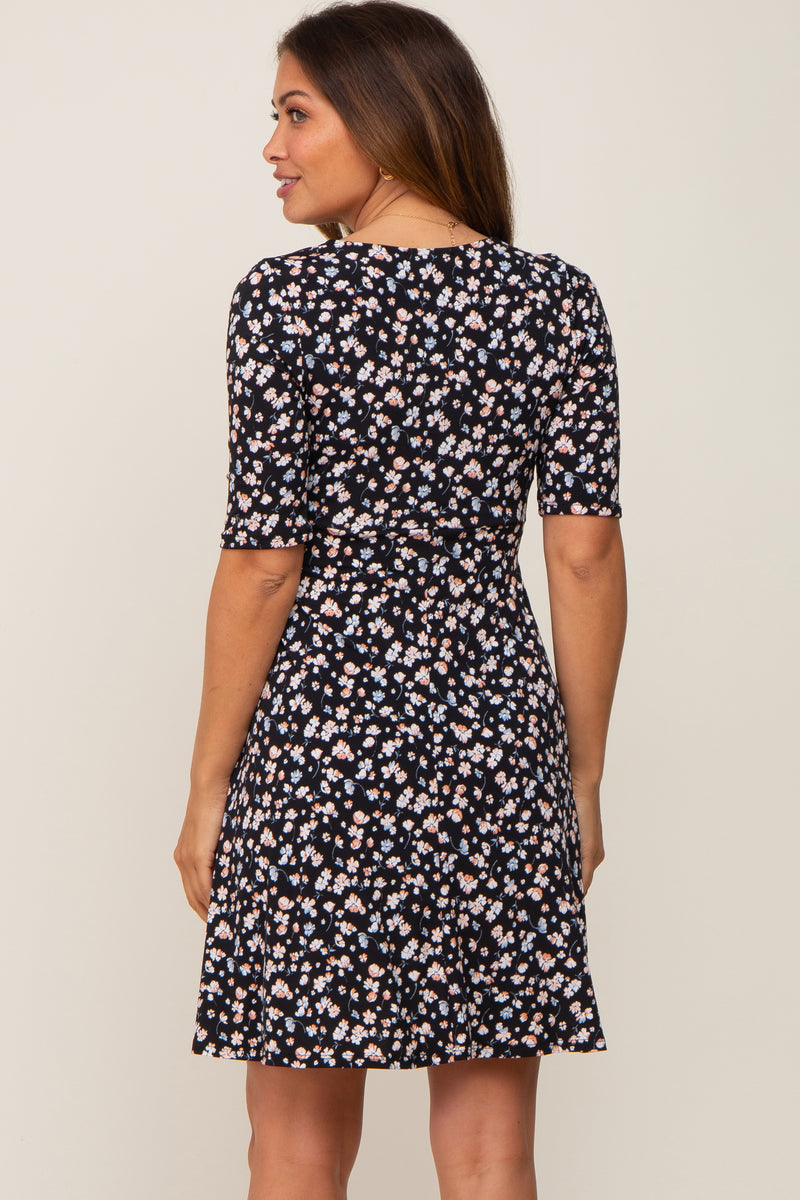 Black Floral Wrap Front V-Neck Short Sleeve Maternity Dress – PinkBlush