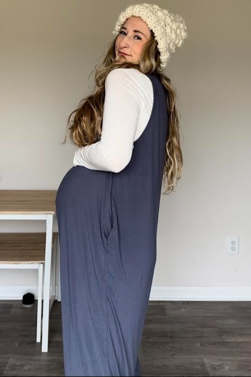 Blue Deep V Sleeveless Wide Leg Maternity Jumpsuit
