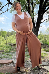 Mocha Deep V Sleeveless Wide Leg Maternity Jumpsuit