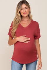 Red V-Neck Basic Maternity Top