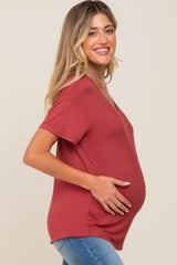 Red V-Neck Basic Maternity Top