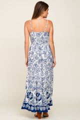 Navy Blue Floral Front Twist Maxi Dress