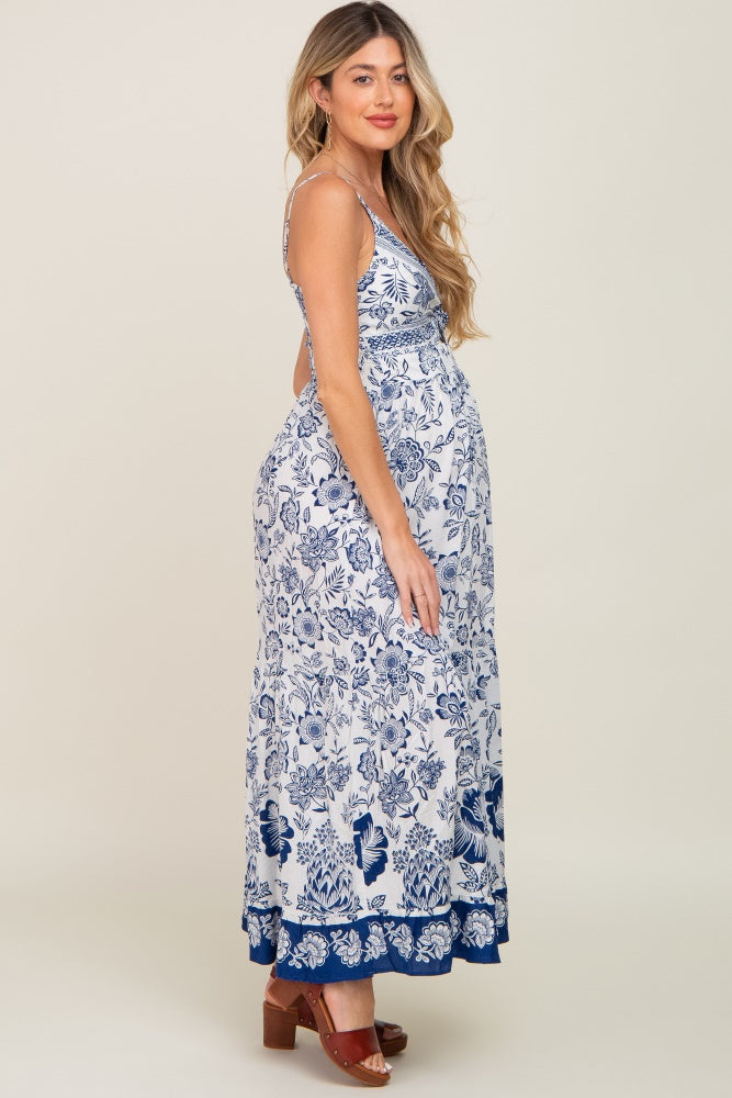Navy Blue Floral Front Twist Maternity Maxi Dress Navy Blue Floral Front Twist Maternity Maxi Dress