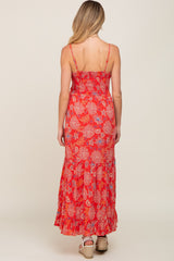 Red Floral Front Twist Maternity Maxi Dress