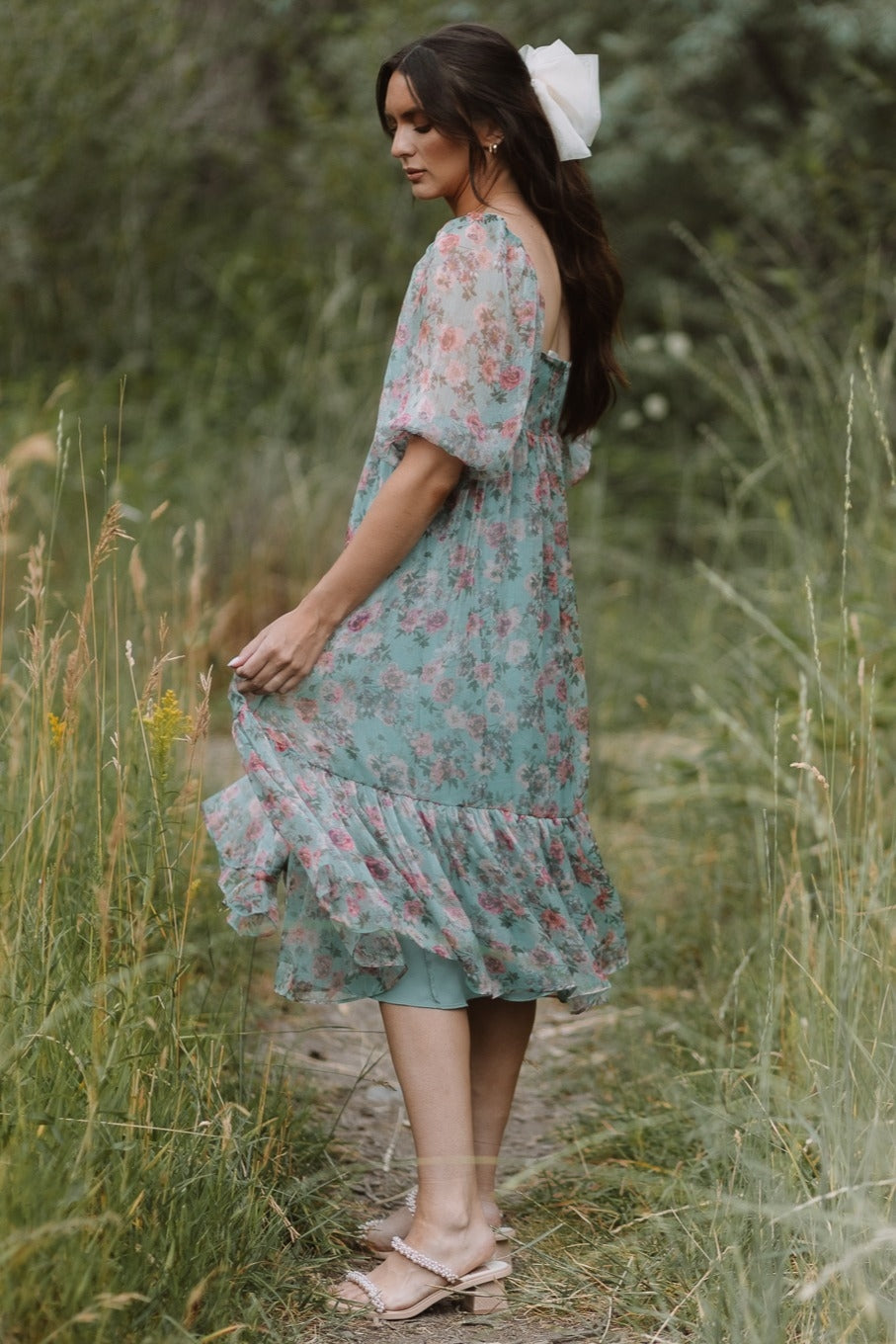 mint green floral dress Short Casual Summer with Print Mint Green / Large floral print Get Ready Mint Green Floral