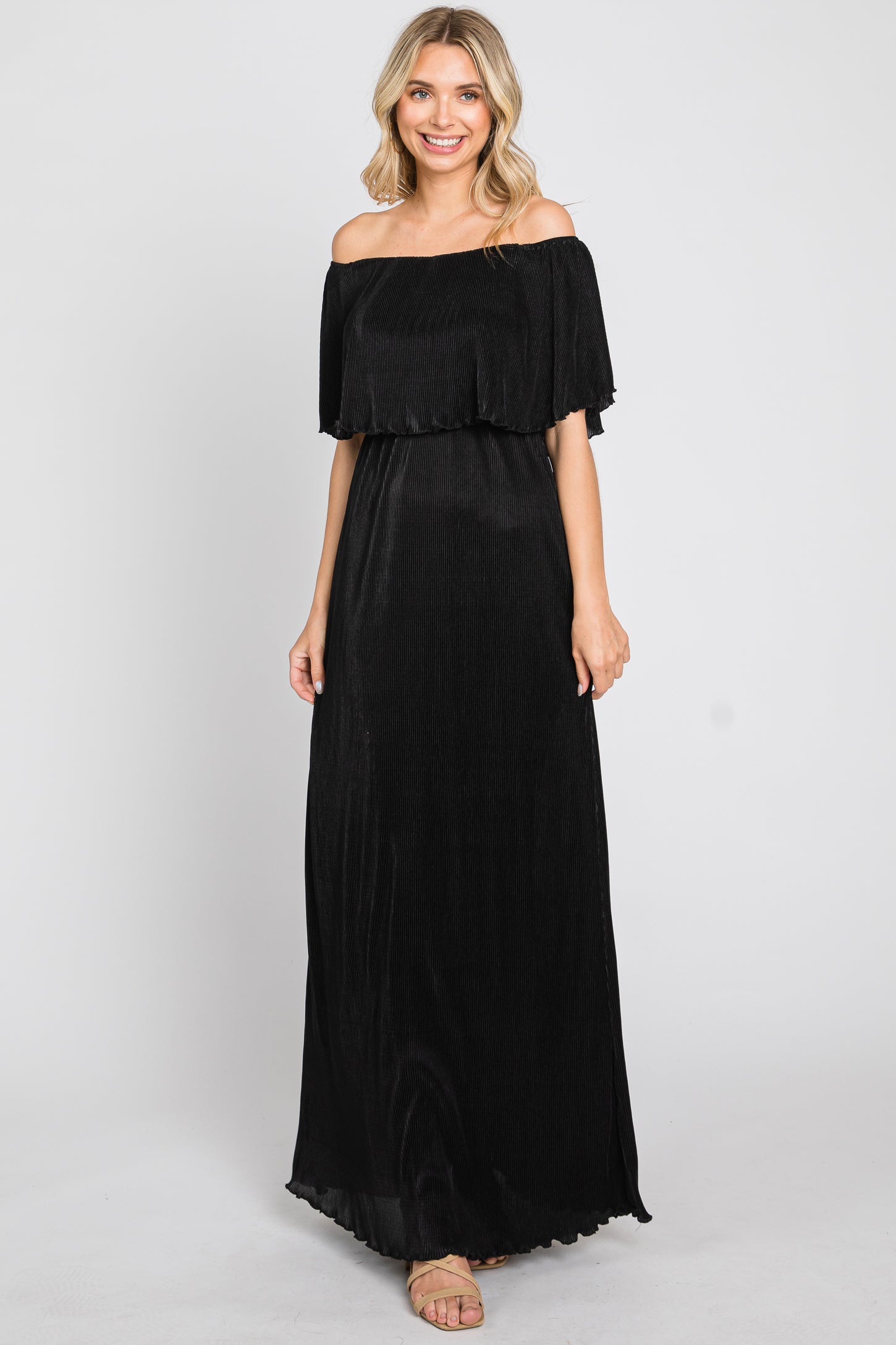 Black Pleated Ruffle Off Shoulder Maternity Maxi Dress – PinkBlush
