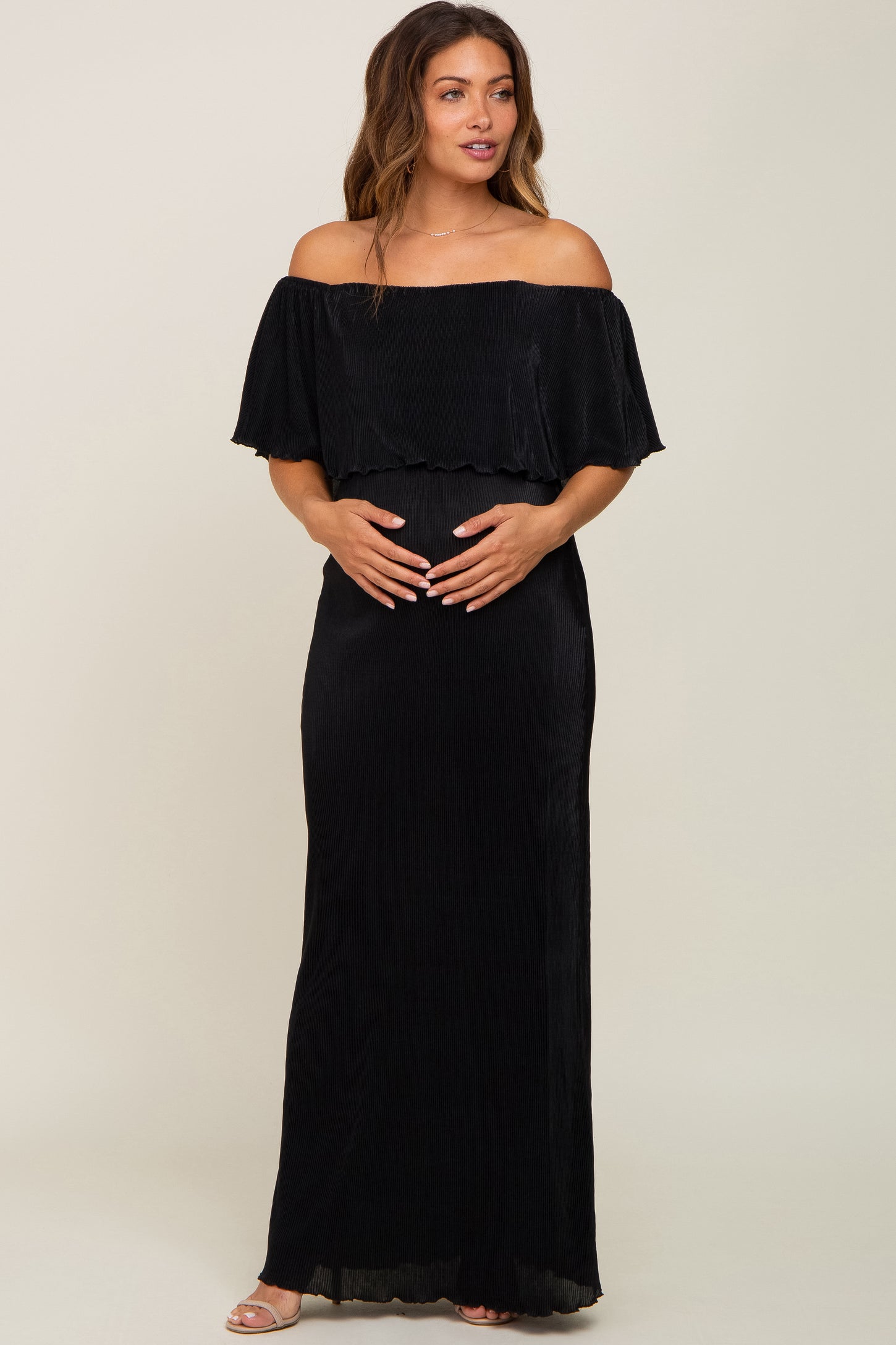 strapless open back dress Black Pleated Ruffle Off Shoulder Maternity Maxi Dress