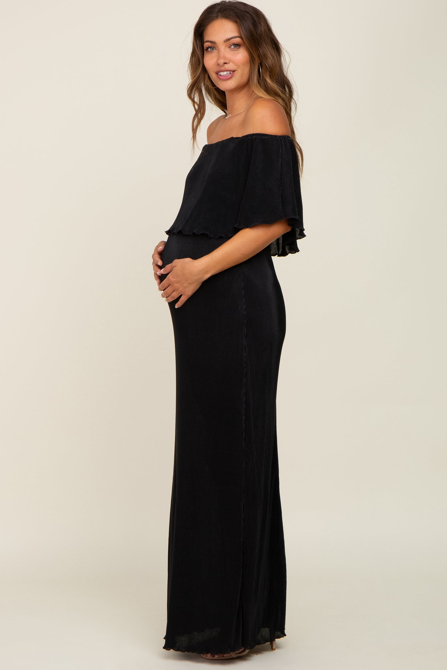Black Pleated Ruffle Off Shoulder Maternity Maxi Dress Black Pleated Ruffle Off Shoulder Maternity Maxi Dress