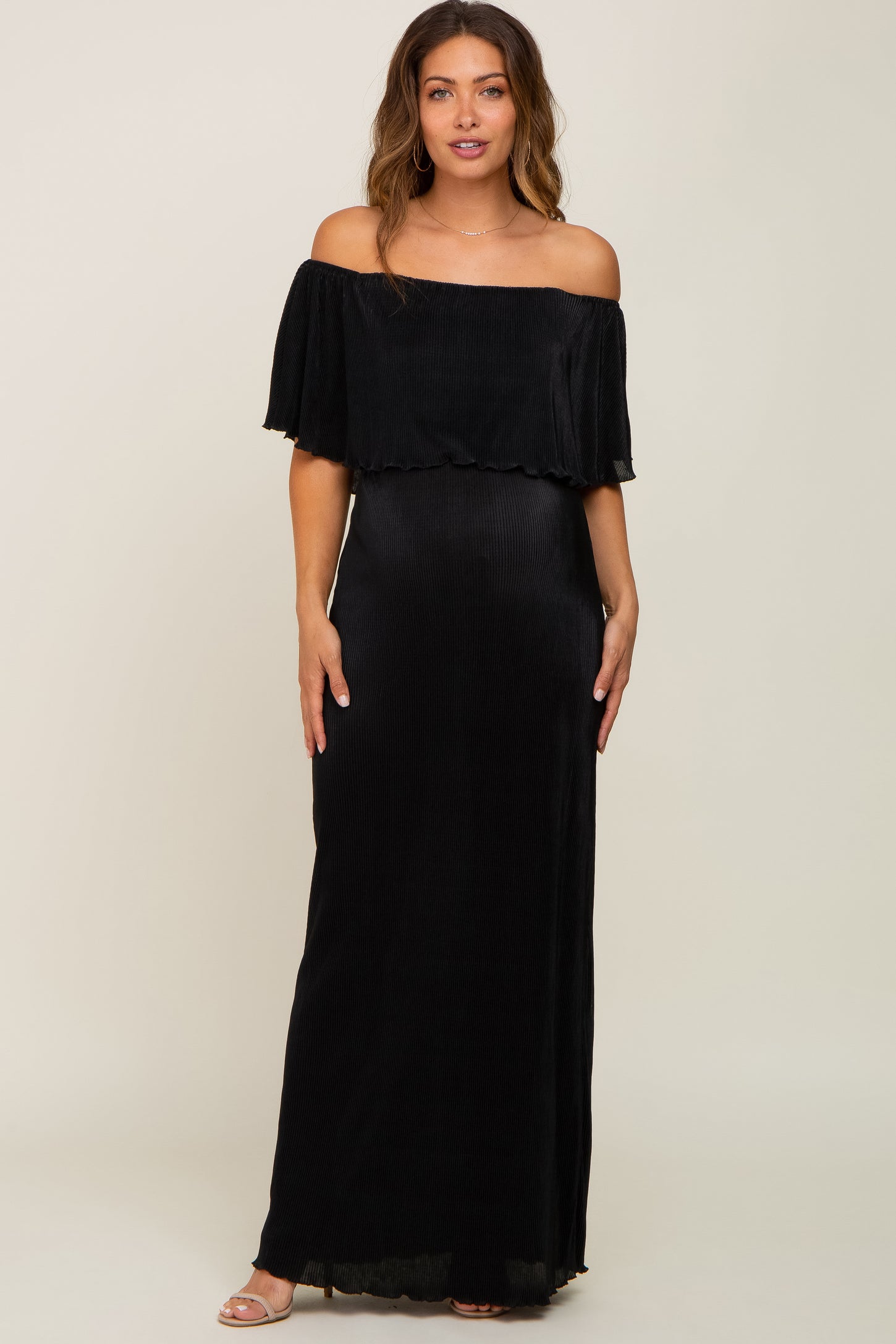 Black Pleated Ruffle Off Shoulder Maternity Maxi Dress Black Pleated Ruffle Off Shoulder Maternity Maxi Dress