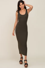 Olive Ribbed Basic Maternity Maxi Dress