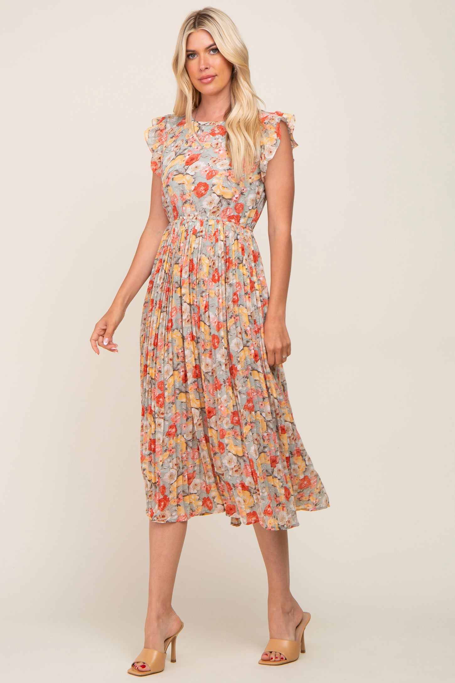 Mint Green Floral Chiffon Pleated Maternity Midi Dress