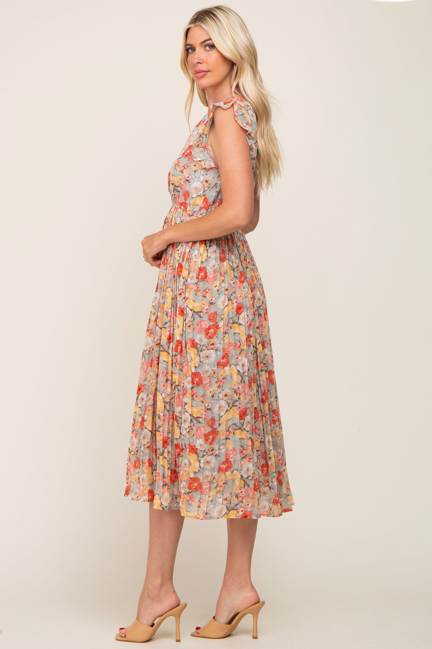 Mint Green Floral Chiffon Pleated Midi Dress