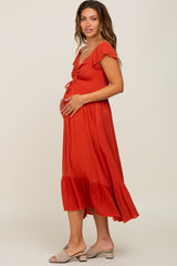 Rust Smocked Ruched Ruffle Hem Maternity Maxi Dress