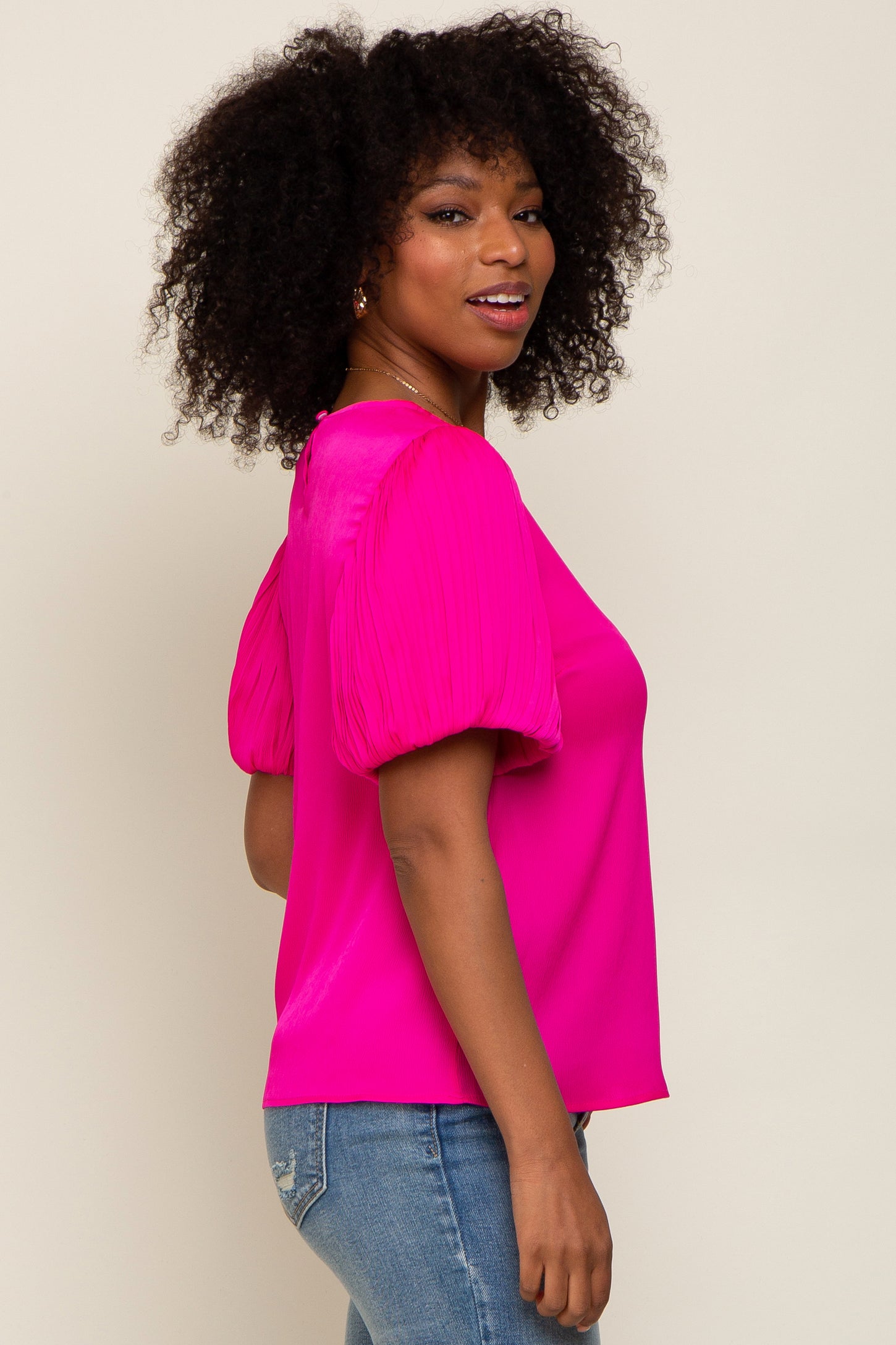 Fuchsia Satin Pleated Puff Short Sleeve Blouse – PinkBlush