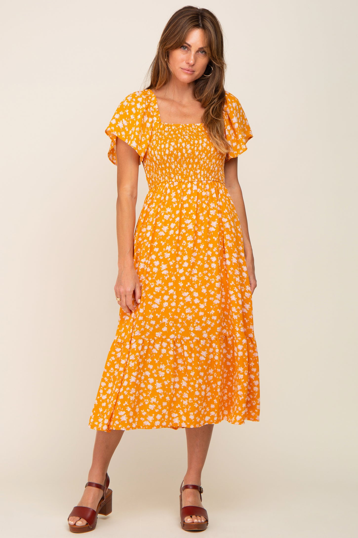 Yellow Floral Smocked Midi Dress PinkBlush Yellow Floral Smocked Midi Dress PinkBlush