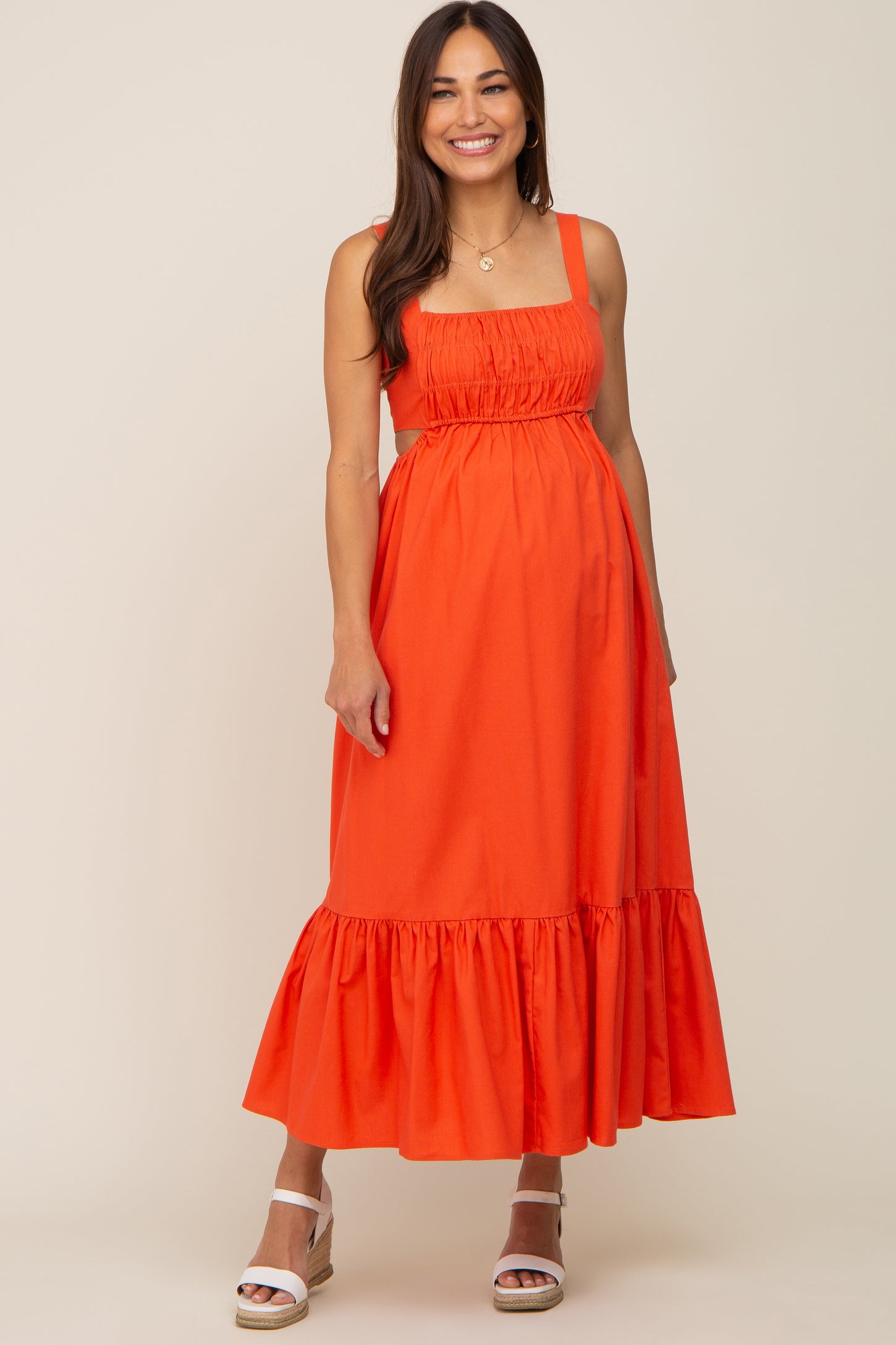 Orange Sleeveless Cutout Ruffle Hem Maternity Maxi Dress
