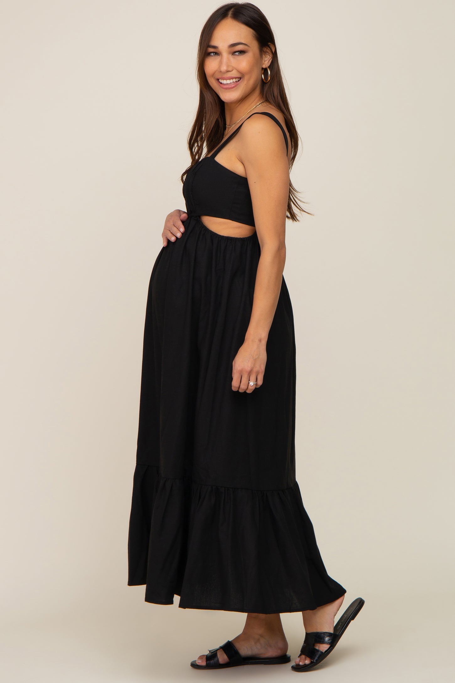 white christmas dresses Momyknows Black Sparkly Cut Out Tie Sheer Bodycon Elegant Photoshoot Baby Shower Maternity Maxi Dress Black / L