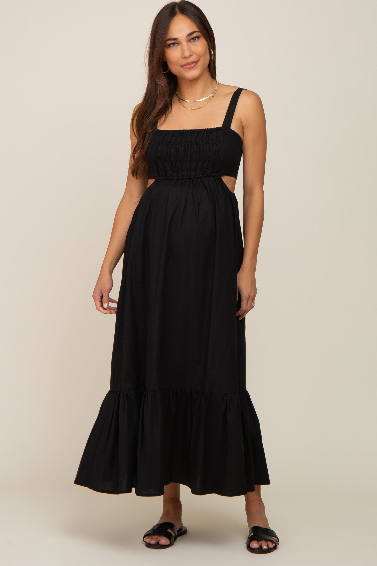 Black Sleeveless Cutout Ruffle Hem Maternity Maxi Dress – PinkBlush Black Sleeveless Cutout Ruffle Hem Maternity Maxi Dress – PinkBlush