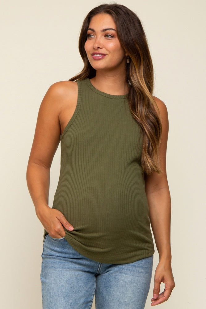 Dark Green Ribbed Basic Maternity Tank Top