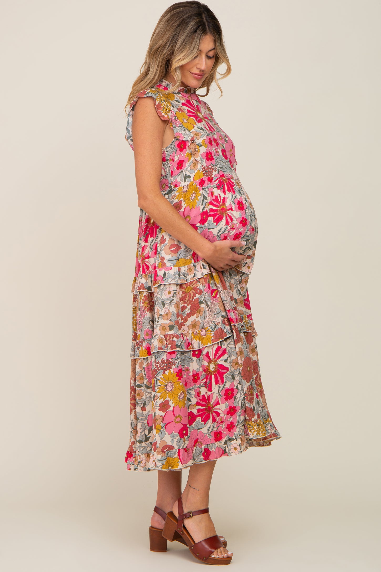 Pink Retro Floral Ruffle Tiered Maternity Midi Dress – PinkBlush Pink Retro Floral Ruffle Tiered Maternity Midi Dress – PinkBlush